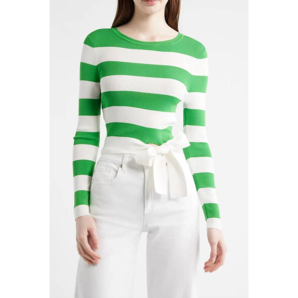 NEW MILLY gia stripe waist tie pullover sweater in green/white